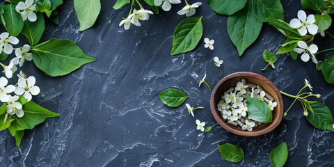 Herbal Supplements and Fresh Plants on Slate Background