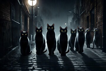 Group of creepy black cats walking on dark alley in night