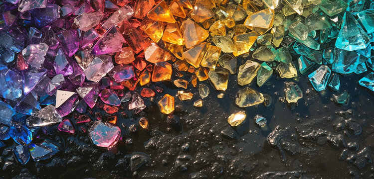 An artistic arrangement of rainbow opaque sparkling crystals, with light reflecting on water, set against a deep charcoal background for minimalism