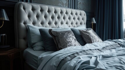 This image features an elegantly designed bedroom, highlighting a large bed with a grand, tufted, upholstered headboard. The bedding is neatly arranged with a smooth, gray comforter and multiple pillo