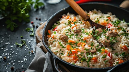 The image shows a close-up of a beautifully prepared rice pilaf in a cast-iron skillet, featuring tender pieces of meat, finely chopped vegetables like carrots and red peppers, garnished with fresh he