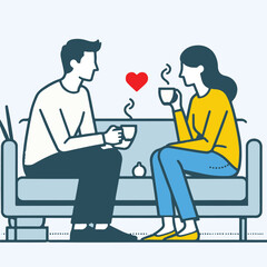 A flat vector illustration design with husband and wife sitting on the sofa having tea and talking.