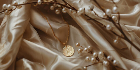 Close Up of Gold Pendant Necklace on Cloth