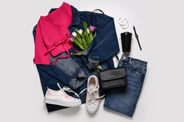 Stylish denim jacket with jeans, pink top, bag, shoes, accessories and tulip flowers on white...