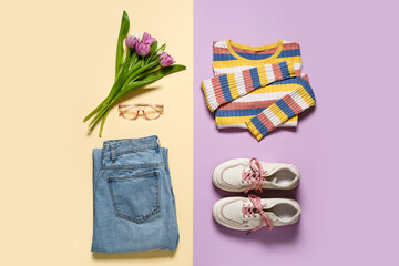 Striped longsleeve with jeans, shoes, glasses and tulip flowers on yellow and lilac background