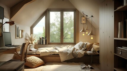 A bedroom with Scandinavian style pendant lighting suspended above a cozy reading nook or study area