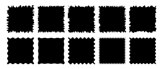 Torn shape pieces set. Set of black jagged paper square. Zig zag square shape with jagged edges	