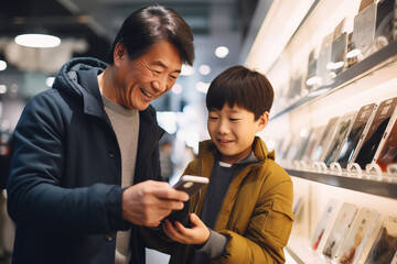Happy asian father and son choosing smartphone in electronics store