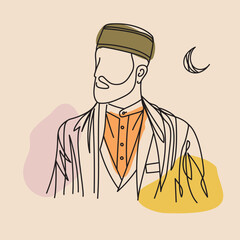 hand drawn sketch style vector illustration, a man in muslim clothes with moon ornament background, icon symbol of Ramadan, Ed mubarak