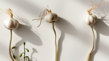 Ethereal Garlic Trio: Elegant Bulbs Casting Long Shadows