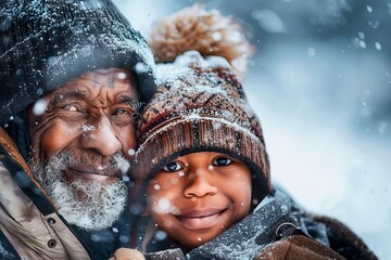 The image captures a poignant moment between an elderly man and a young child amidst a winter scene. Snowflakes gently fall, accumulating on their winter hats and coats. The man's face carries the wis - obrazy, fototapety, plakaty