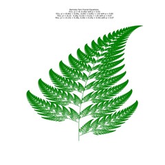 A stunning visual of the Barnsley Fern fractal, showcasing nature-inspired patterns through mathematical transformations, 1,000,000 points plotted in green on a whited background.