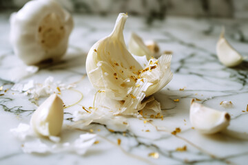 Deconstructed Garlic Bulb with Husk on Veined Marble Counter