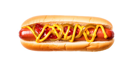 Top view of hot dog with ketchup and mustard, isolated on a transparent or white background.