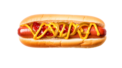 Top view of hot dog with ketchup and mustard, isolated on a transparent or white background.
