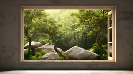 view of the window,,
A mirror hangs on a moss covered rock in a forest
