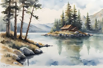 Fotobehang Watercolor landscape with a woods, mountains © TheGamifiedTV