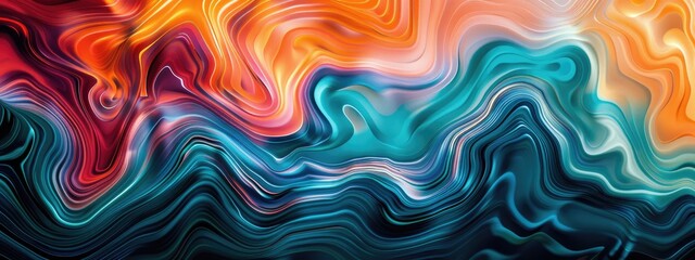 Fototapeta premium background wave flow cover party poster design modern colors. vibrant rainbow orange blue teal white grainy gradient color flow wave on black 
