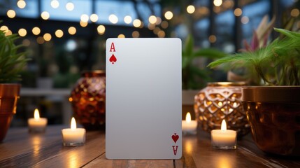 Naklejka na ściany i meble The image features a close-up of a large, upright Ace of Hearts playing card in focus, with a soft, warmly lit backdrop of glowing candles and string lights that create a cozy and intimate ambiance. T