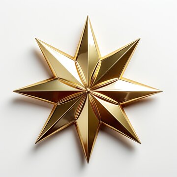 This image displays a three-dimensional star-shaped object with a polished golden finish, featuring multiple points and reflective surfaces that create a series of sharp angles and highlights. The obj
