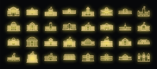 Parliament building icons set. Outline set of parliament building vector icons neon color on black - obrazy, fototapety, plakaty