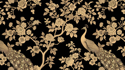 chinoiserie pattern with plants and birds, black and yellow or gold theme.  wallpaper for interior design