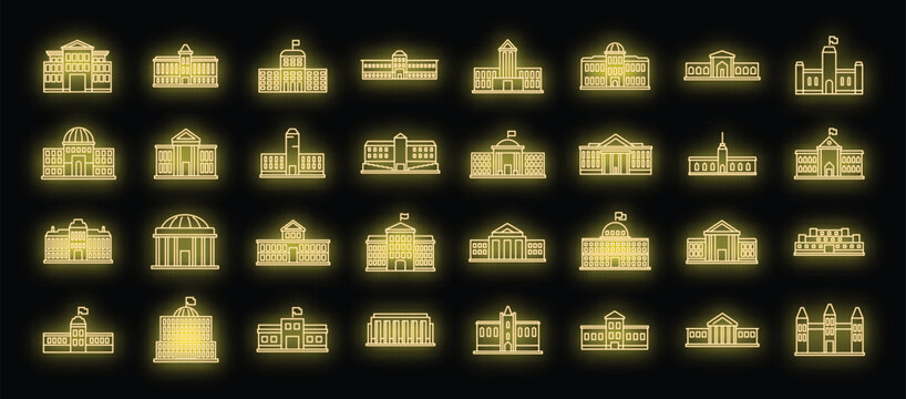 Parliament building icons set. Outline set of parliament building vector icons neon color on black