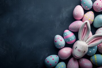 Happy Easter Eggs get well soon card. Bunny hopping in flower dining room decor decoration. Cute hare portable basket rabbit illustration. Holy week plush promotional item card easter table runners