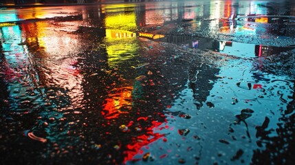 Night streets after rain with reflections on wet asphalt. Wet asphalt, city night landscape. Night life