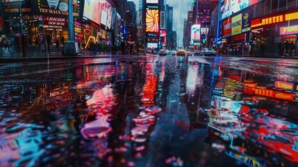 Obraz premium Night streets after rain with reflections on wet asphalt. Wet asphalt, city night landscape. Night life