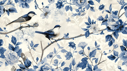 majestic blue birds on a branch with blue flowers, chinoiserie wallpaper ideal for tranquil atmosphere. vintage wallpaper design