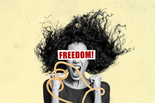 Collage picture of black white colors girl arms tied rope scream freedom eyes messy hair isolated on beige background