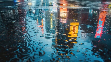 Night streets after rain with reflections on wet asphalt. Wet asphalt, city night landscape. Night life
