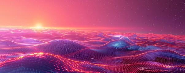 Futuristic abstract grid landscape glowing neon waves in a digital universe