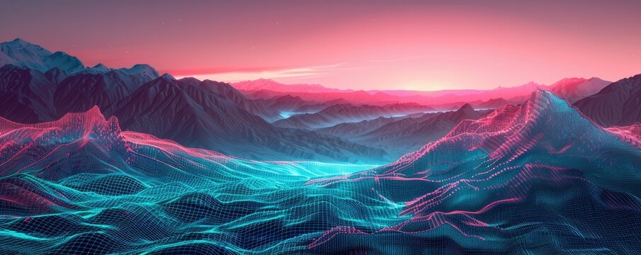 Electronic landscape at dusk combining wireframe design with a vintage color palette