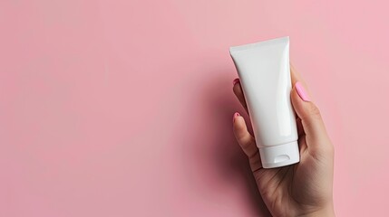 woman hand is holding a white mockup tube of facial cream on a pink isolated background. cosmetic product mockup. Beauty