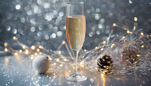 Holiday Cheers: Generative AI-Enhanced Image of Champagne Glass Glistening on Silver Background for Christmas and New Year Celebration