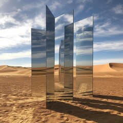 mirror sculptures in the desert, geometric shapes
