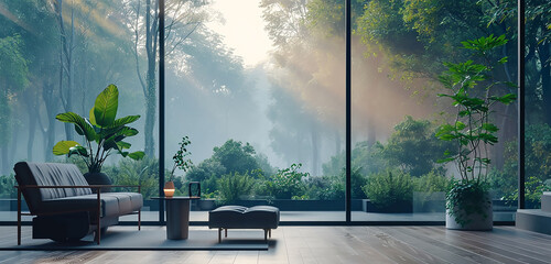 An AI health assistant in a modern home, with a large window showing a misty, enchanted forest