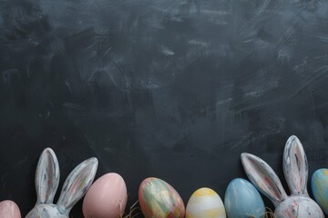 Happy Easter Eggs blank card. Bunny hopping in flower silk decor decoration. Adorable hare 3d bunny doll rabbit illustration. Holy week Easter vigil card easter lanterns