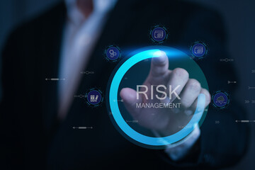 Risk Management Strategy Plan Finance Investment Internet Business Technology Concept. Risk management forecasting evaluation financial business concept on virtual screen.