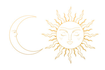 Moon Crescent and Sun. Gold celestial symbols. Vector illustration