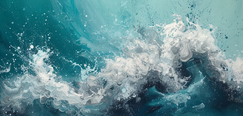 Cascading waterfalls of metallic dark blue, silver, and white abstract forms, against a turquoise background