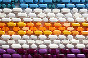 Fototapeta premium Background with pills and capsules in neon blue and purple colors. Medical drug or dietary supplement concept.