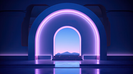 Neon arc in blue and purple lights room. Abstract background for product display.