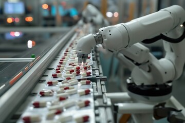 A robotic arm inserts pills into a blister on an industrial conveyor belt. - obrazy, fototapety, plakaty