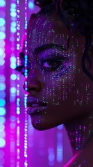 An 18-year-old african beautiful woman with vertical lines of purple and blue code cascade around her as holograms
