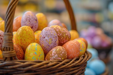 A photo of a basket filled with red and white eggs, representing a Catholic Easter custom.