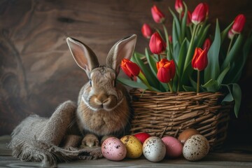 Obraz premium Happy Easter Eggs text field. Bunny hopping in flower decorative wreaths decoration. Adorable hare 3d bunny cap rabbit illustration. Holy week easter spine flower card Rose Vine