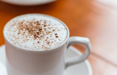 Cappuccino coffee with cinnamon powder, served in a white cup, freshly ground from the recent harvest.